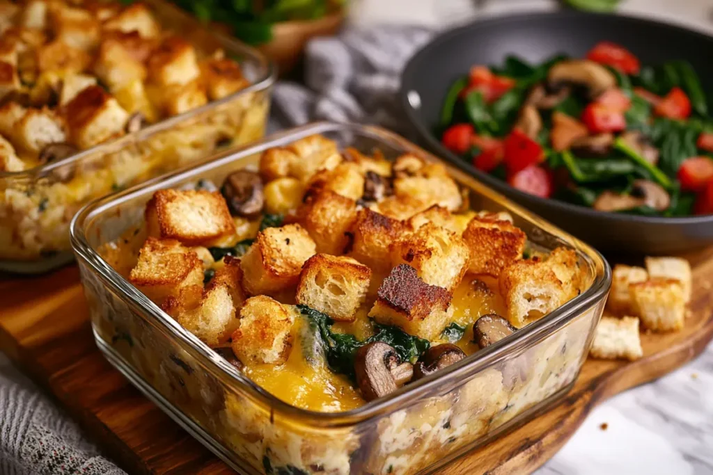 Two breakfast casseroles: one soggy with raw vegetables and one perfectly baked with pre-cooked vegetables and toasted bread.