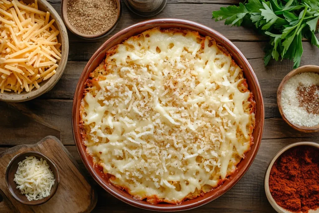 Close-up of a golden, crispy hashbrown casserole with ingredients like cheese, spices, and breadcrumbs displayed on a rustic kitchen countertop.