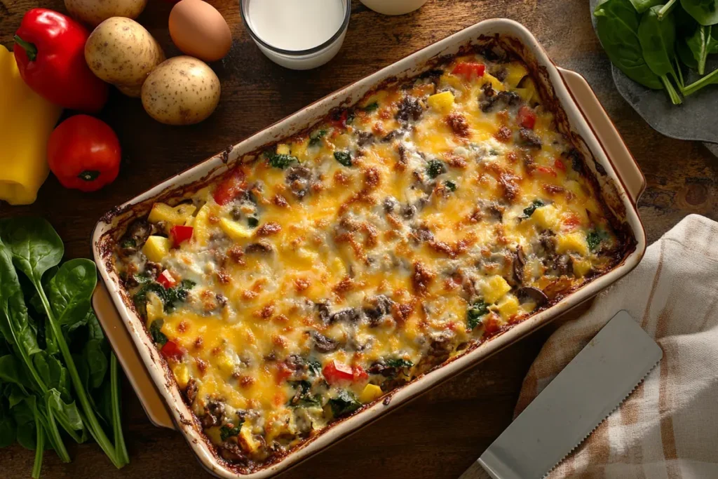 A baked breakfast casserole with golden cheese, colorful vegetables, and common ingredients like eggs, milk, and potatoes on a rustic counter.