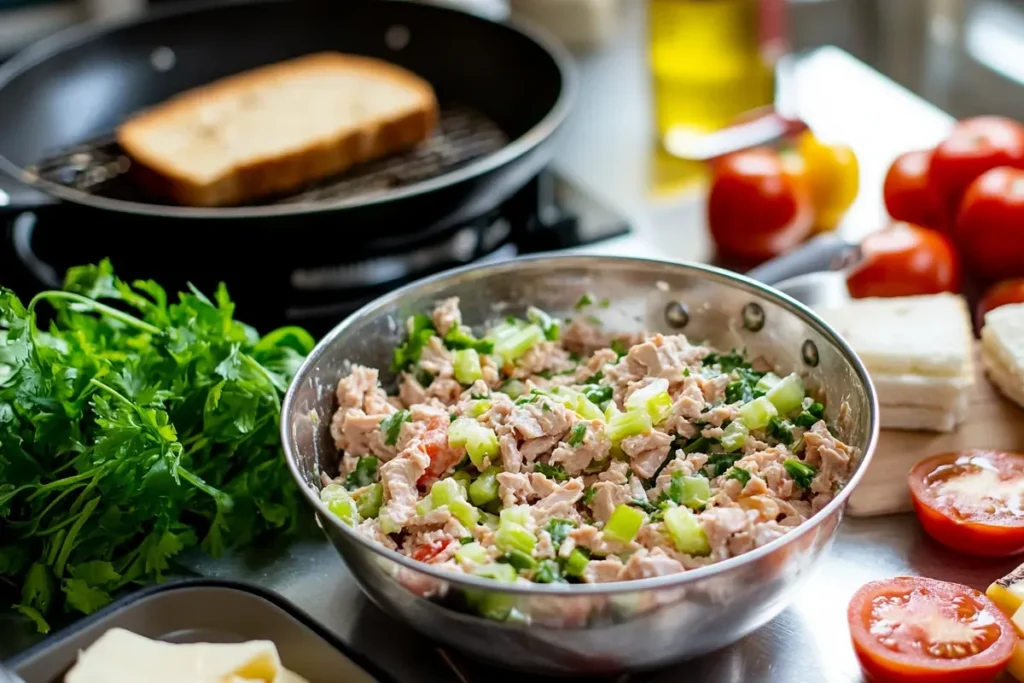 The process of making a grilled tuna salad sandwich with ingredients and a skillet in a home kitchen.