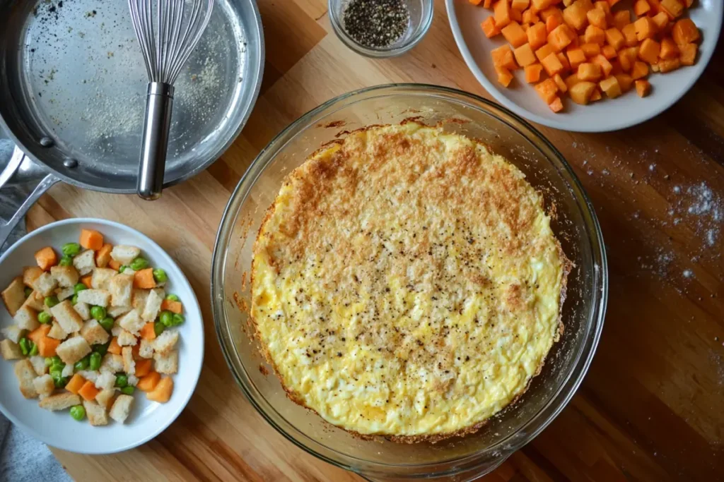 Freshly baked breakfast casserole with golden top surrounded by ingredients.