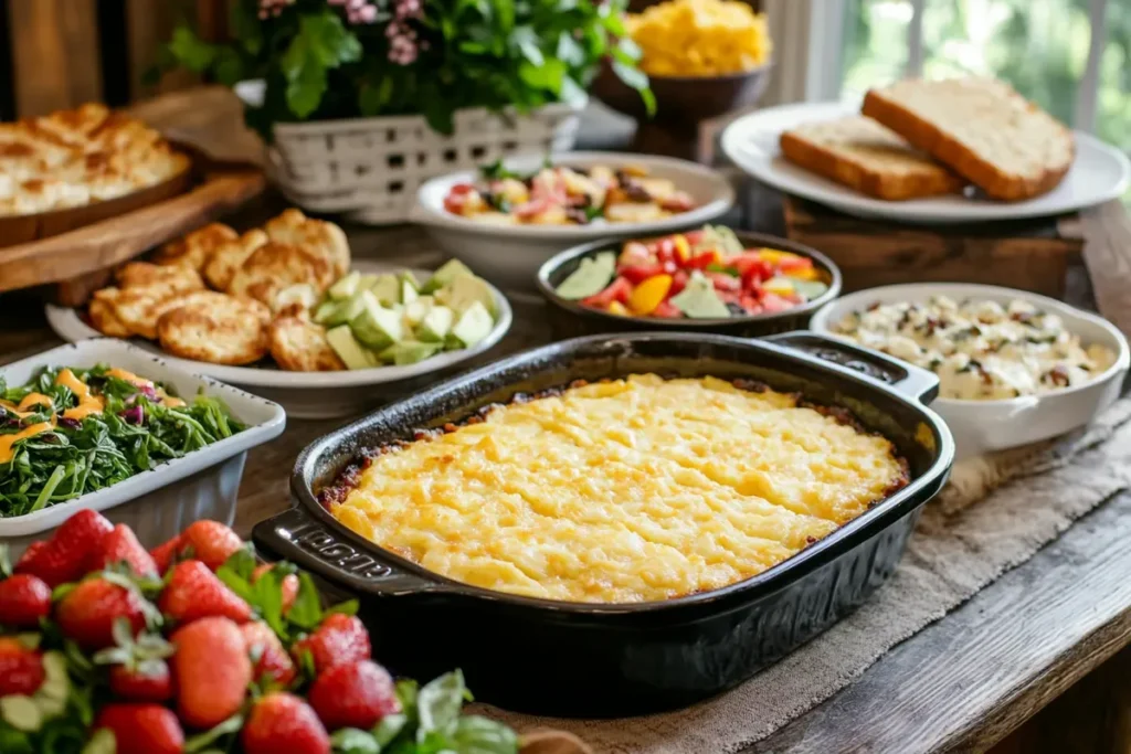 A table featuring Cracker Barrel hashbrown casserole with breakfast, brunch, and dinner serving suggestions like eggs, pancakes, salad, and grilled chicken.