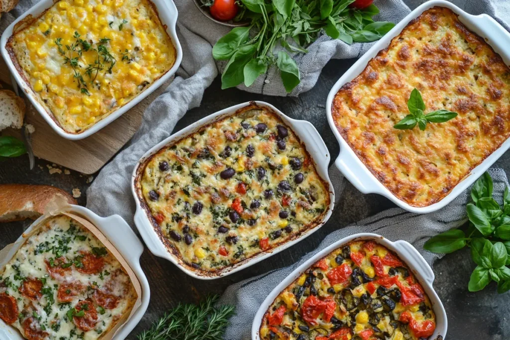 A variety of breakfast casseroles and strata featuring Mexican, vegetarian, Mediterranean, Italian, farmhouse, and vegan-friendly flavors.