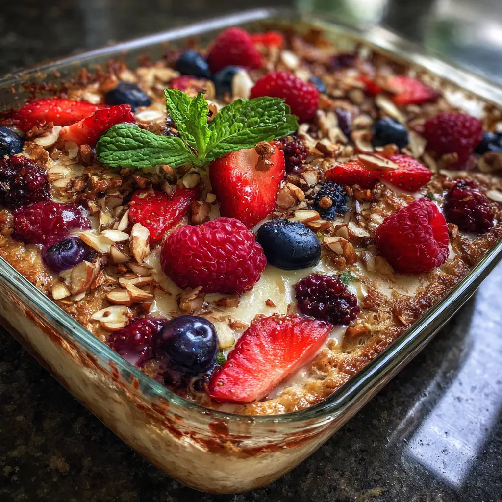 High protein triple berry bake fresh from oven